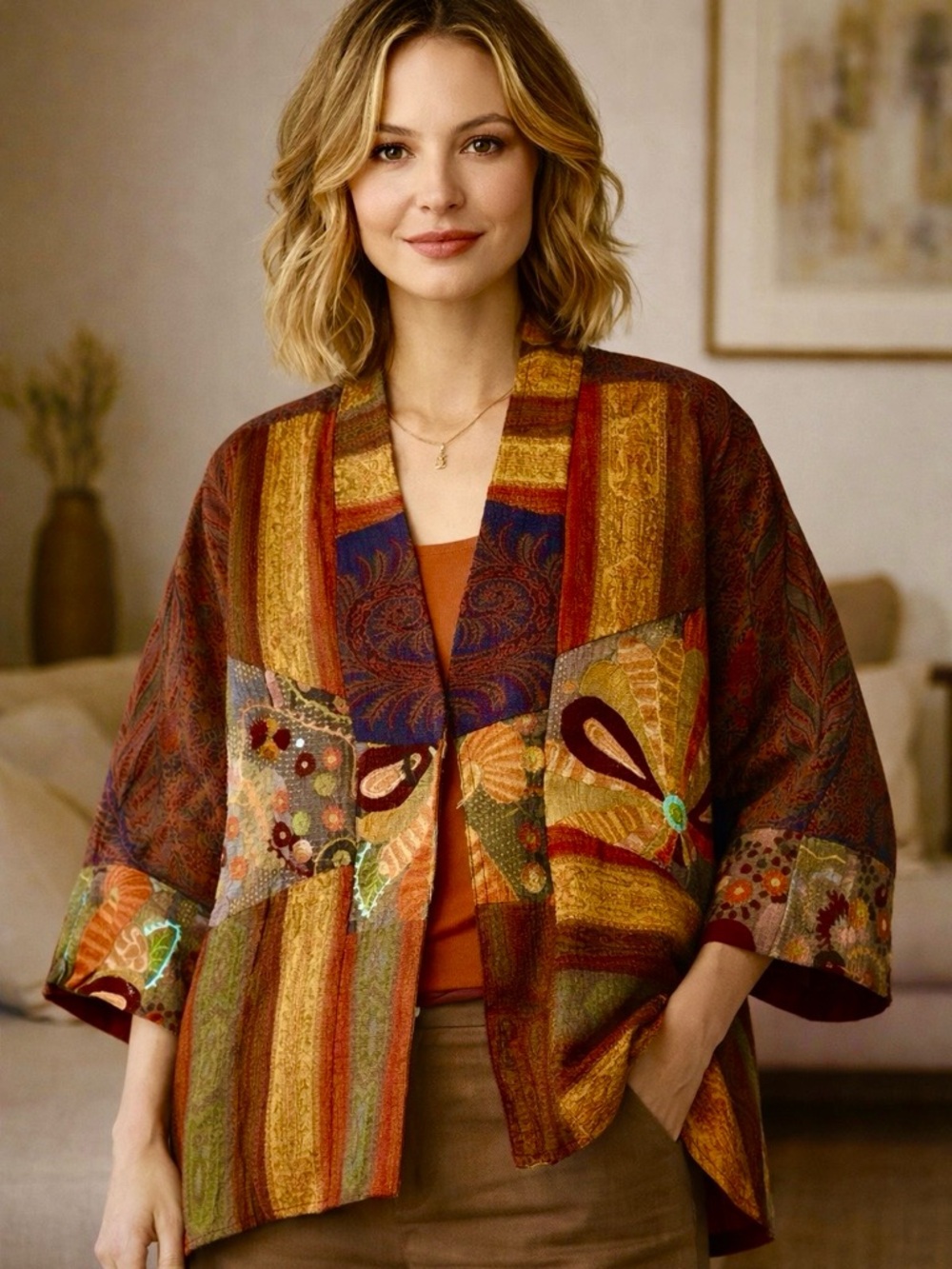Soft Surroundings Jacket PL Wool Silk Kimono Style Patchwork Artsy